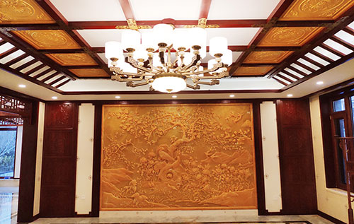 鹤壁中式别墅客厅中式木作横梁吊顶装饰展示