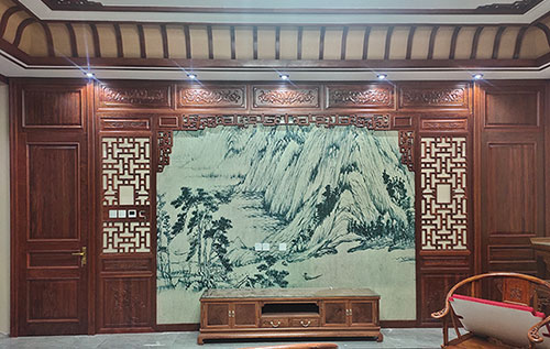 鹤壁中式仿古别墅客厅背景墙花格木作装饰